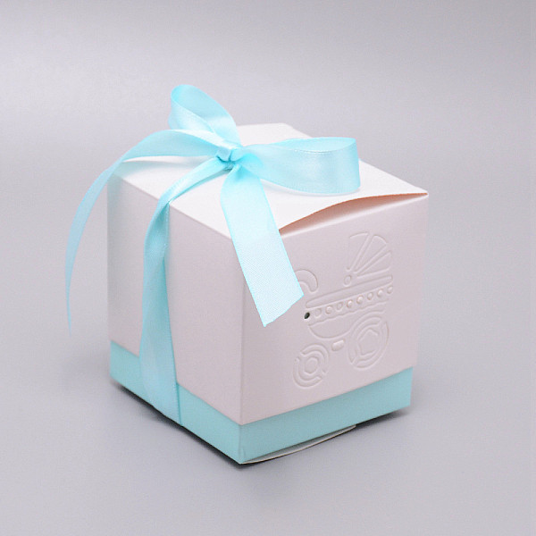 

PandaHall Square Paper Pierced Candy Boxes, with Polyester Ribbon and Baby Carriage Pattern, for Baby Shower Gift Box, Cyan, 8.5x8.5x8.6cm...