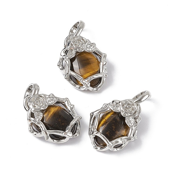 

PandaHall Natural Tiger Eye Pendants, Oval Charms, with Platinum Tone Brass Rose Findings, Cadmium Free & Nickel Free & Lead Free...