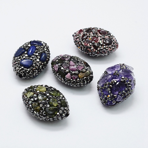 

PandaHall Polymer Clay Rhinestone Beads, with Natural Gemstone Chip Beads, Oval, 25.5~27.5x18~20x10.5~12mm, Hole: 1mm Mixed Stone Oval..., Multicolor