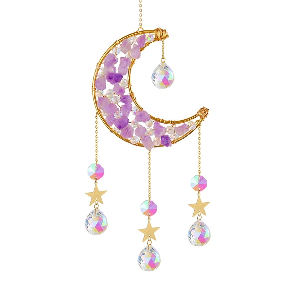 

PandaHall Natural Amethyst Chips Moon & Glass Teardrop Suncatchers, Hanging Ornaments Home Garden Decoration, Golden, 400mm Amethyst Moon
