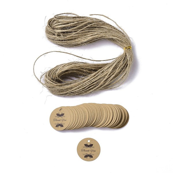 PandaHall Thank You Theme Kraft Paper Jewelry Display Paper Price Tags, with Hemp Rope Twine, Flat Round, Word, 3x0.02cm, Hole: 2.8mm Paper...