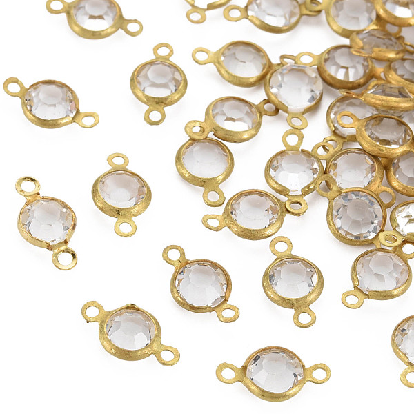 

PandaHall Brass Glass Links/Connectors, Faceted Flat Round, Raw(Unplated), Clear, 13x6~7x3mm, Hole: 2mm Glass Flat Round Clear