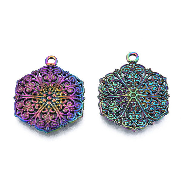 

PandaHall Ion Plating(IP) 201 Stainless Steel Pendants, Hexagon with Flower, Rainbow Color, 28.5x23x2.5mm, Hole: 2mm 201 Stainless Steel...
