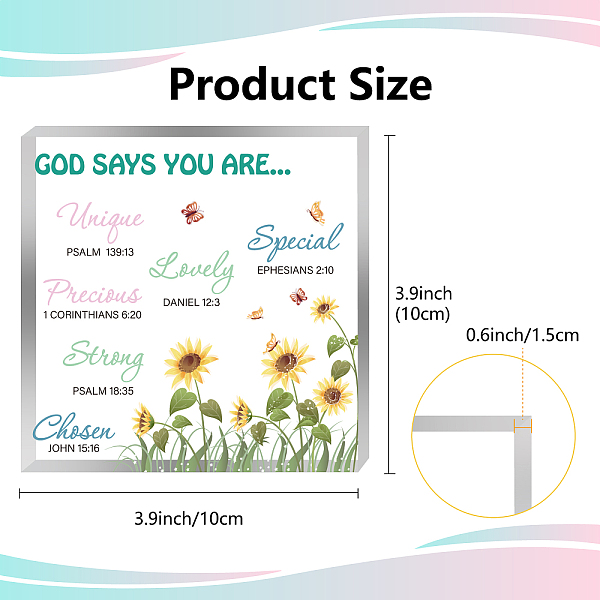 

PandaHall CREATCABIN 1Pc Acrylic Display Bases for Crystal, Home Decorations, Square with Word God Say You Are, Sunflower Pattern...