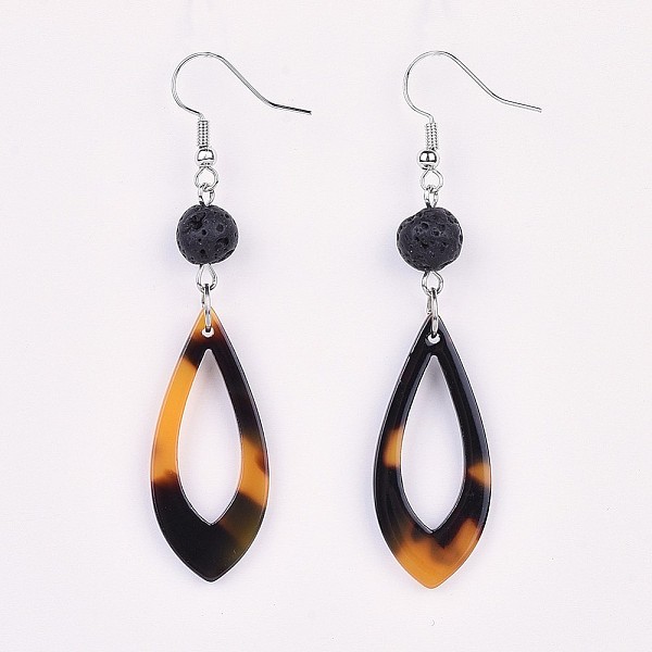 

PandaHall Cellulose Acetate(Resin) Dangle Earring, with Natural Lava Rock Beads and Brass Earring Hooks, teardrop, Platinum, Goldenrod, 71mm..., Gold