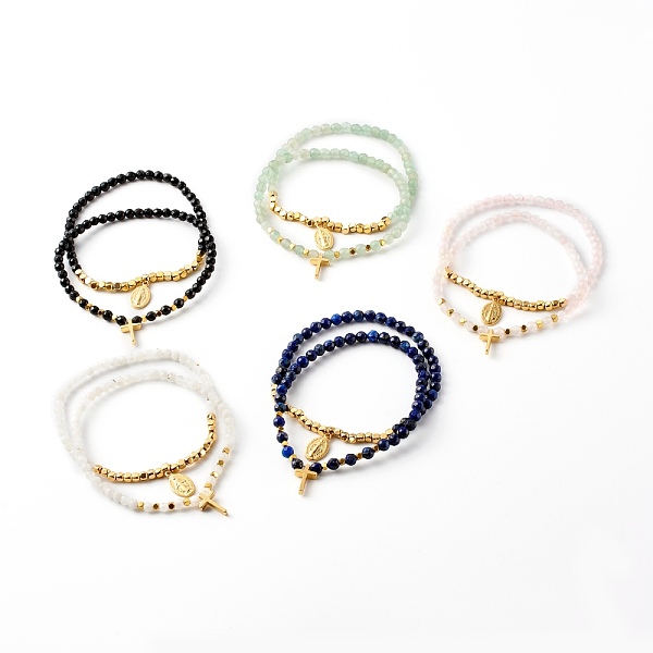 

PandaHall Natural Mixed Gemstone Stretch Charm Bracelets Sets, with Non-magnetic Synthetic Hematite & Brass Cube Beads, Cross & Oval with...