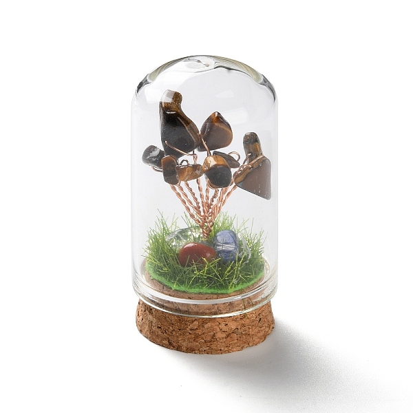 Natural Tiger Eye Chips Money Tree in Dome Glass Bell Jars with Wood Base Display Decorations, for Home Office Decor Good Luck, 58.5x30mm