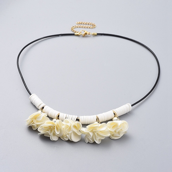 

PandaHall Cowhide Leather Cord Bib Necklaces, with Polymer Clay Heishi Beads, Acrylic Cloth Pendant, 304 Stainless Steel Twisted Extender..., Gold