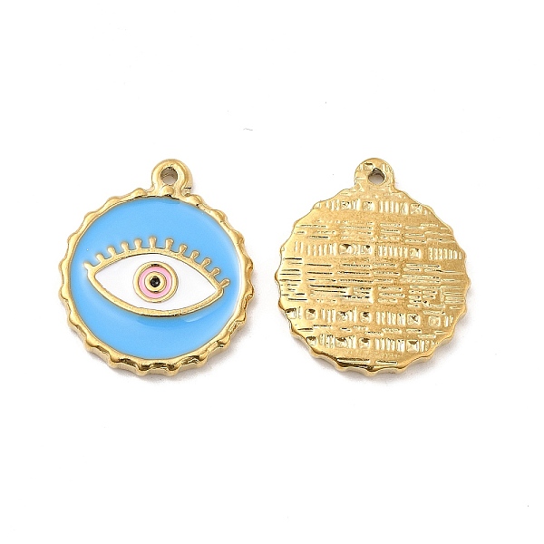 

PandaHall Vacuum Plating 201 Stainless Steel Enamel Pendants, Real 18K Gold Plated, Flat Round with Evil Eye Charm, Light Blue...