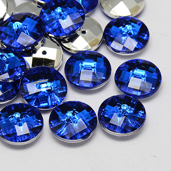 PandaHall Taiwan Acrylic Rhinestone Buttons, Faceted, 2-Hole, Disc, Blue, 13x4.5mm, Hole: 1mm Acrylic Rhinestone Disc Blue