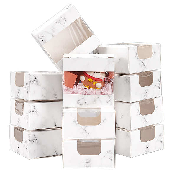 PandaHall Cardboard Paper Gift Storage Boxes, with Plastic Visible Clear Window, WhiteSmoke, Square, Marble Pattern, 6.65x6.7x3.6cm Paper...