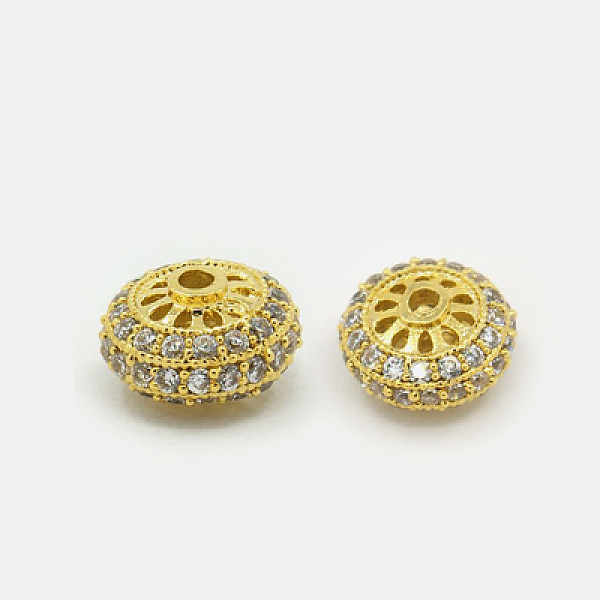 

PandaHall Brass Cubic Zirconia Beads, Rondelle, Hollow, Clear, Golden, 10x6mm, Hole: 1.5mm Brass+Cubic Zirconia Rondelle Clear