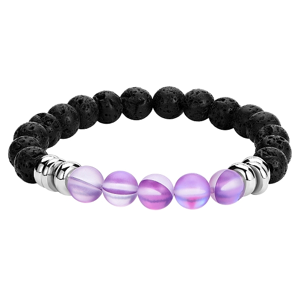 

PandaHall Synthetic Moonstone & Natural Lava Rock Round Beaded Stretch Bracelet, Essential Oil Gemstone Jewelry for Women, Purple, Inner...