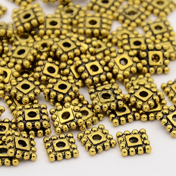 PandaHall Tibetan Style Spacer Beads, Cadmium Free & Nickel Free & Lead Free, Square, Antique Golden, 7x7x2mm, Hole: 2mm Alloy Square