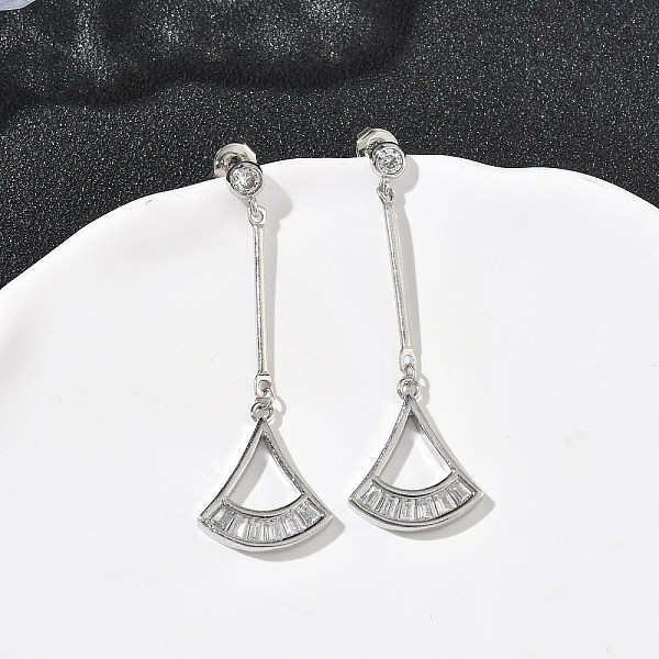Fan Brass Micro Pave Clear Cubic Zirconia Dangle Stud Earrings