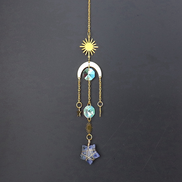 

PandaHall Natural Sodalite Star Sun Catcher Hanging Ornaments with Brass Sun, for Home, Garden Decoration, Golden, 400mm Sodalite Star