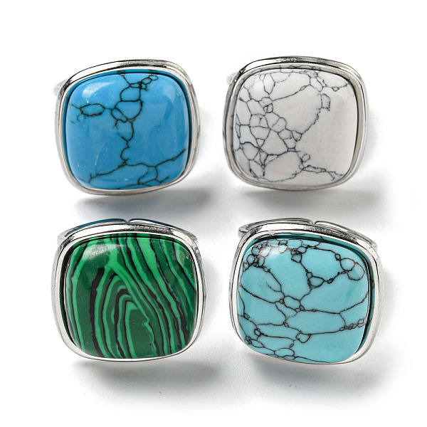 

PandaHall 304 Stainless Steel Open Cuff Rings, Synthetic Malachite & Turquoise Square Finger Rings for Women Men, Stainless Steel Color...
