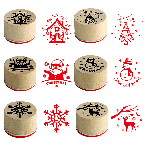 PandaHall 6Pcs 6 Styles Christmas Theme Wooden Stamps, Column with Snowflake & Reindder & Christmas Tree & Santa Claus & Snowman & House...