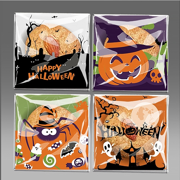 PandaHall Plastic Bakeware Bag, with Self-adhesive, for Chocolate, Candy, Cookies, Square with Halloween Theme Pattern, Mixed Color...