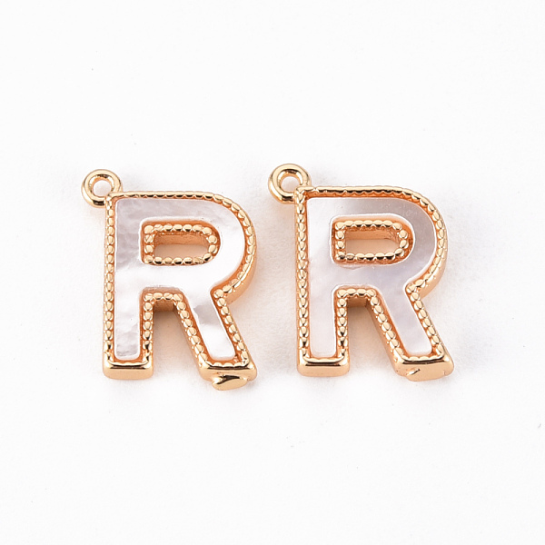 

PandaHall Brass Charms, with Shell, Real 18K Gold Plated, Nickel Free, Letter.R, 11x9x2mm, Hole: 0.9mm White Shell Letter R