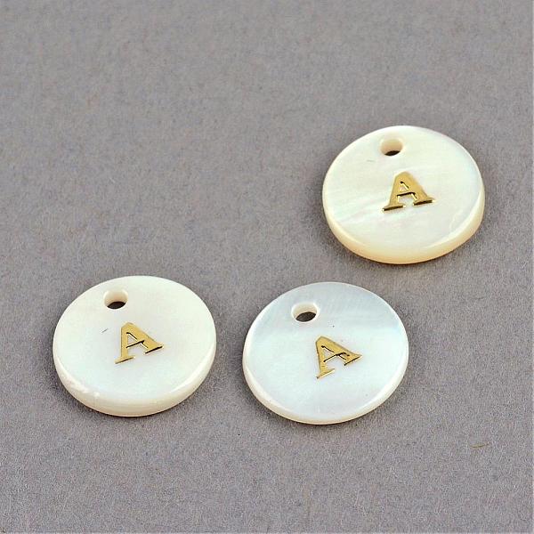 

PandaHall Freshwater Shell Pendants, Flat Round with Gold Blocking Letter.A, 11.5x2mm, Hole: 1.5mm Freshwater Shell Letter A