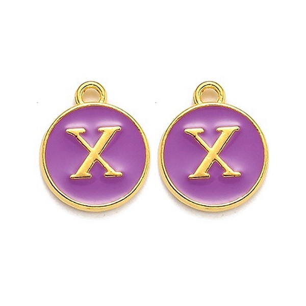 

PandaHall Golden Plated Alloy Enamel Charms, Enamelled Sequins, Flat Round with Alphabet, Letter.X, Purple, 14x12x2mm, Hole: 1.5mm...