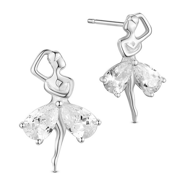 PandaHall SHEGRACE Rhodium Plated 925 Sterling Silver Ear Studs, with Latin Dance Girl and AAA Cubic Zirconia Dress, Platinum, 17x11mm...