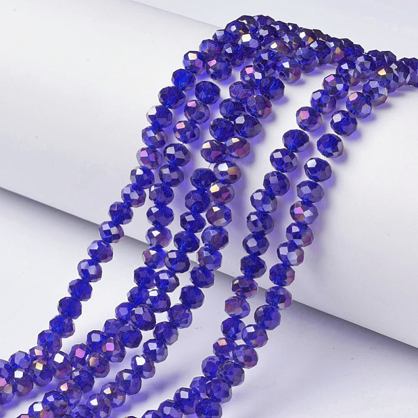 

PandaHall Electroplate Transparent Glass Beads Strands, Half Rainbow Plated, Faceted, Rondelle, Dark Blue, 6x5mm, Hole: 1mm, about...