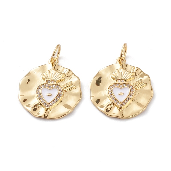 

PandaHall Brass Micro Pave Clear Cubic Zirconia Pendants, with White Enamel, Long-Lasting Plated, With Jump Rings, Flat Round with Heart...
