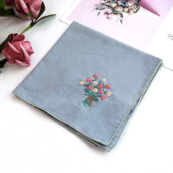 

PandaHall DIY Handkerchief Embroidery Kit, Including Embroidery Needles & Thread, Cotton Fabric, Flower Pattern, 54x48mm Cotton Flower