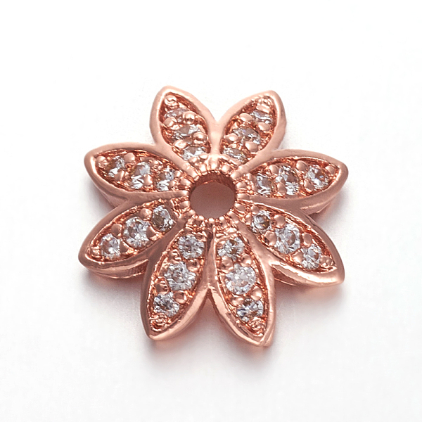 

PandaHall Brass Micro Pave Cubic Zirconia Bead Cap, 8-Petal, Flower, Clear, Rose Gold, 12x12x4mm, Hole: 1.8mm Brass+Cubic Zirconia Clear