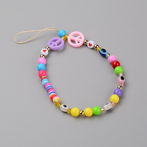

PandaHall Acrylic Beaded Mobile Straps, with Polymer Clay Heishi Beads, Peace Sign, Mixed Color, 17.7cm Polymer Clay Multicolor