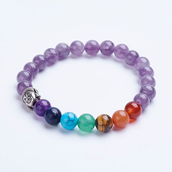 PandaHall Chakra Jewelry, Natural Amethyst Beaded Stretch Bracelets, with Alloy Spacer Beads, Antique Silver, 1-3/4 inch(45mm) Amethyst