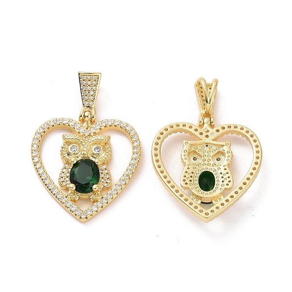 

PandaHall Brass Micro Pave Clear Cubic Zirconia Pendants, Heart with Owl Charms, Golden, Green, 32.5x30x6mm, Hole: 3.5x8mm Brass+Cubic...