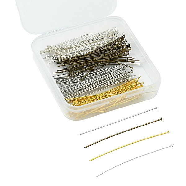 

PandaHall 160Pcs 4 Colors Brass Flat Head Pins, Jewelry Findings, Mixed Color, 50x0.7~0.8mm, 20~21 Gauge, Head: 2mm, about 40pcs/color Brass