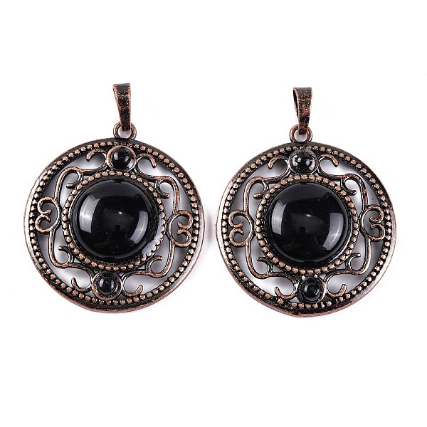 

PandaHall Natural Obsidian Pendants, Rack Plating Brass Hollow Flat Round Charms, Cadmium Free & Lead Free, Red Copper, 36.5x33x9.5mm, Hole...