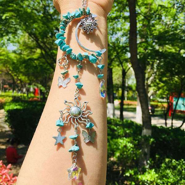 

PandaHall Synthetic Turquoise Chip Wrapped Metal Moon & Sun Hanging Ornaments, Glass Star Tassel Suncatchers for Home Garden Outdoor...