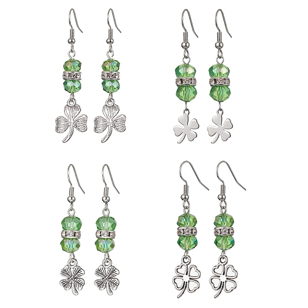

PandaHall Alloy Clover Dangle Earrings, Green Glass Beaded Saint Patrick's Day Earrings, Platinum, 49~56x10~14mm Alloy Clover