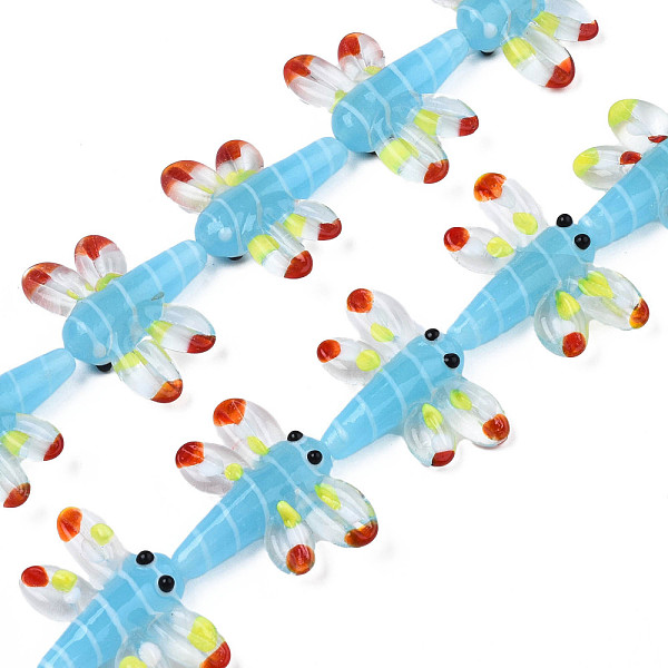 

PandaHall Autumn Theme Handmade Lampwork Beads Strands, Dragonfly, Light Sky Blue, 25~27x35~37x7~9mm, Hole: 1.2mm, about 20pcs/strand...