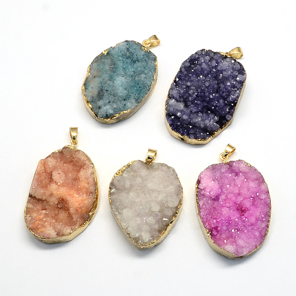 

PandaHall Plated Natural Druzy Agate Oval Pendants, with Light Gold Plated Brass Findings, 40~50x25~35x7~22mm, Hole: 6x5mm Natural Agate..., Multicolor
