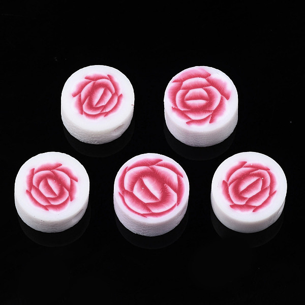 PandaHall Handmade Polymer Clay Beads, for DIY Jewelry Crafts Supplies, Flat Round with Flower, FireBrick, 9~9.5x4~4.5mm, Hole: 1.8mm...