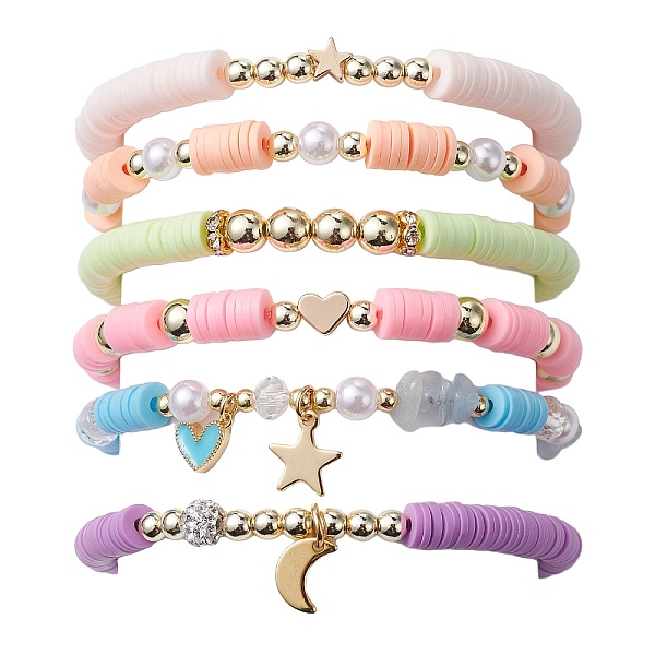 

PandaHall 6Pcs 6 Style Polymer Clay & ABS Plastic Pearl Beaded Stretch Bracelets Set, Brass Star & Heart & Moon Charms Stackable Bracelets..., Multicolor
