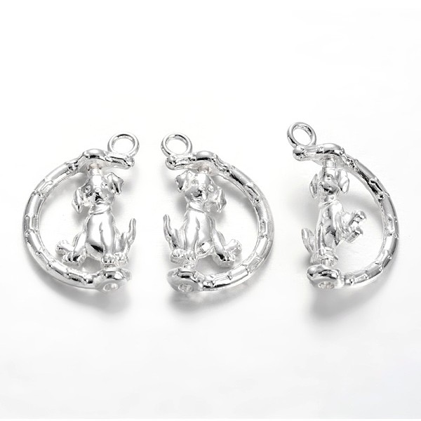 

PandaHall Alloy Puppy Pendants, Half Ring with Dog, Rotatable Pendants, Cadmium Free & Lead Free, Silver Color Plated, 25x14x5mm, Hole...