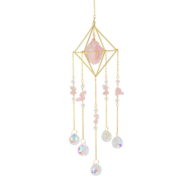 

PandaHall Natural Rose Quartz Chip Pendant Decoration, with Glass Teardrop Charm, for Room Window Patio Hanging Oornaments, Golden, 500mm...
