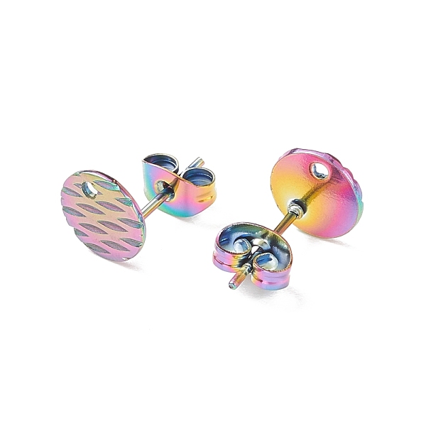 

PandaHall Ion Plating(IP) 304 Stainless Steel Ear Stud Findings, Textured Flat Round with Pineapple Grain, Rainbow Color, 8mm, Hole: 1.2mm...