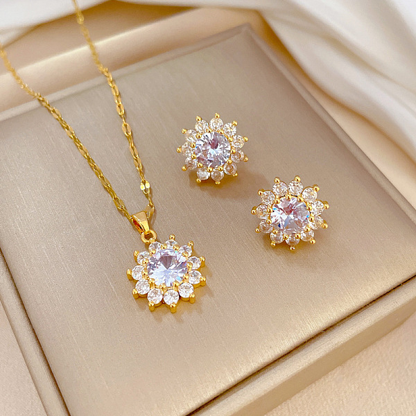 Brass Micro Pave Cubic Zirconia Pendant Necklace & Stud Earrings