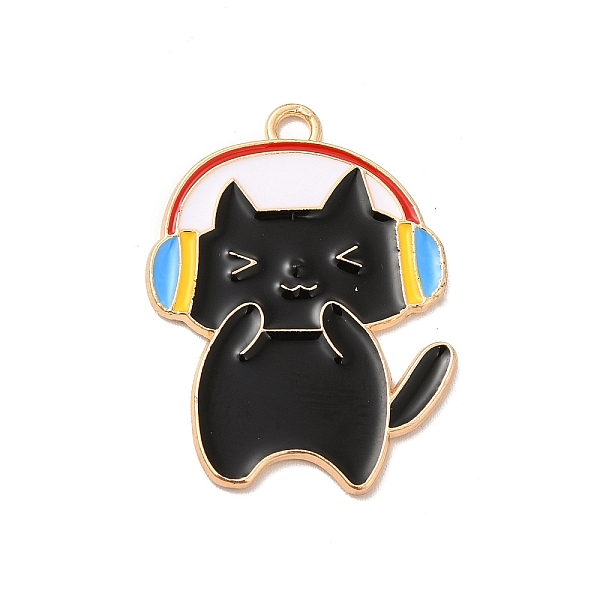 PandaHall Alloy Enamel Pendants, Light Gold, Music Cat Charm, Black, 28x21x1.5mm, Hole: 2mm Alloy+Enamel Cat Shape Black