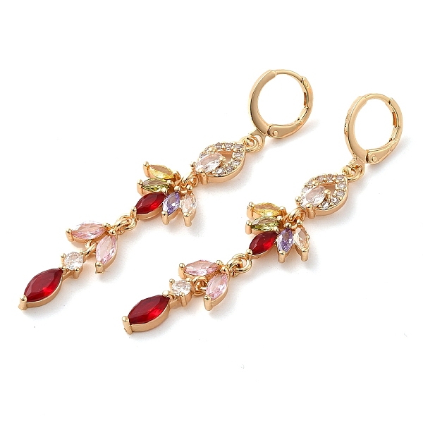 

PandaHall Rack Plating Golden Brass Dangle Leverback Earrings, with Cubic Zirconia, Leaf, Colorful, 62x13mm Cubic Zirconia Leaf