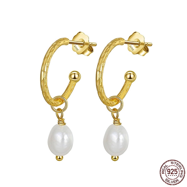 

PandaHall Natural Pearl Dangle Stud Earrings, 925 Sterling Silver Half Hoop Earrings, with S925 Stamp, Golden, 28mm Sterling Silver