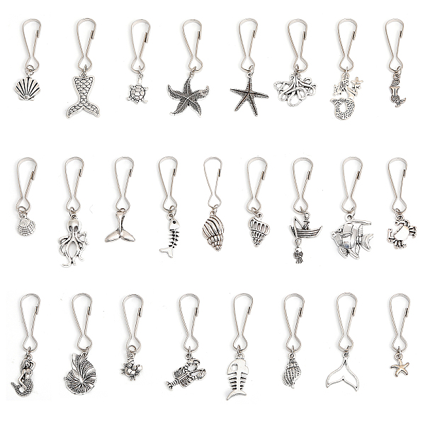 

PandaHall CHGCRAFT 50Pcs Zipper Pull Charms Ocean Theme Tibetan Style Alloy Pendant Decoration with Iron Keychain Clasp Sea Animal Mermaid...